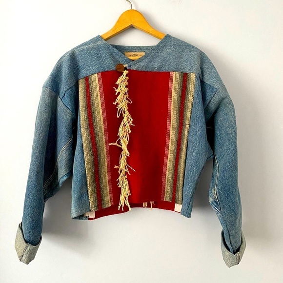 Love Apples by Stephanie Womens Denim Jacket Small Ortega's Weaving Shop Boho